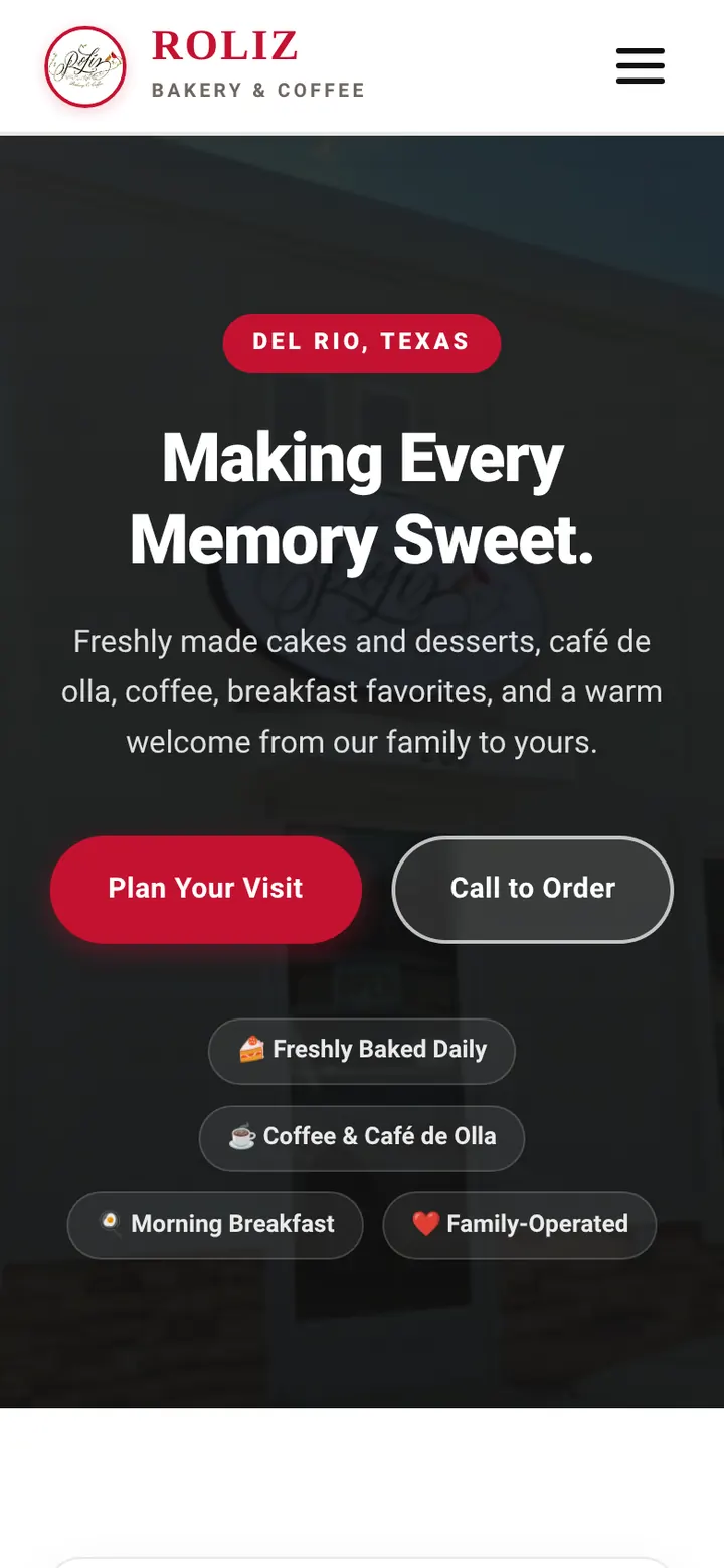 Roliz Bakery & Coffee website on a phone